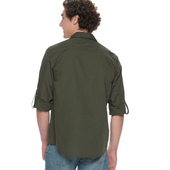 Men’s Olive Army Green Utility Military Shirt | Roll Tab Sleeves | Size Small - Picture 2 of 11